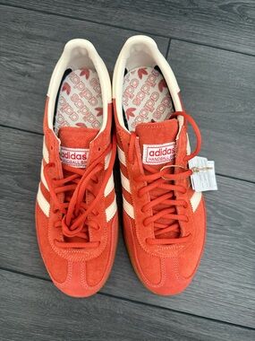 adidas Orange Suede Handball Spezial Sneakers w/Cream Stripes Womens 10, Mens 9